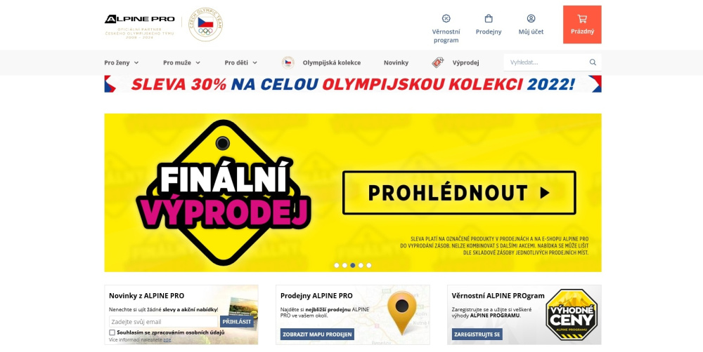 Úvodní stránka e-shopu Alpinepro.cz