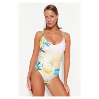 Trendyol Scenery Patterned V-Neck Regular Leg Swimsuit