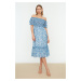 Trendyol Blue Floral Waist Opening Chiffon Lined Gimped Midi Woven Dress
