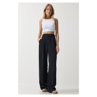 Happiness İstanbul Women's Black Velcro Waist Closure Palazzo Trousers