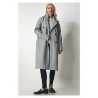 Happiness İstanbul Women Gray Double Breasted Neck Oversize Cachet Coat