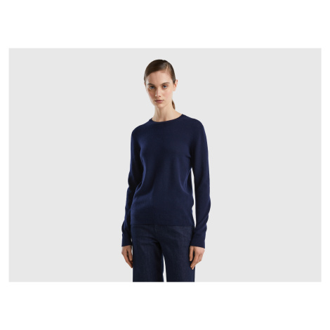 Benetton, Dark Blue Crew Neck Sweater In Merino Wool United Colors of Benetton