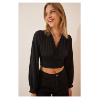 Happiness İstanbul Women's Black Deep V-Neck Crop Sandy Knitted