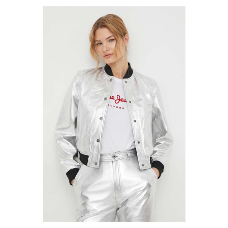 Kožená bunda bomber Pepe Jeans SELENA dámská, stříbrná barva, přechodná, PL402325