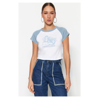 Trendyol Blue 100% Cotton Printed Fitted/Simple Crop Crew Neck Knitted T-Shirt