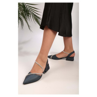 Shoeberry Women's Tue Navy Blue Satin with Stones Heeled Shoes