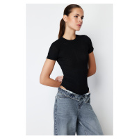 Trendyol Black Special Textured Tulle Slim Short Sleeve Stand Collar Knitted Body