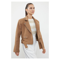 Trendyol Mink Fitted Pattern Knitted Cashmere Biker Thin Jacket Coat