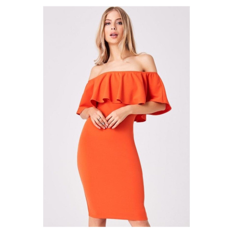 Oranžové midi šaty s volánem LITTLE MISTRESS