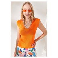 Olalook Women's Orange Sweatshirt And Skirt Detailed Front Back V Knitwear Blouse