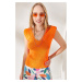 Olalook Women's Orange Shoulder And Skirt Detailed Front Back V Knitwear Blouse