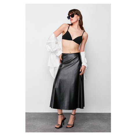 Trendyol Black Faux Leather Flared Woven Skirt