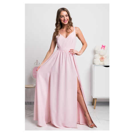 Parisse Světle růžové dlouhé společenské šaty s rozparky