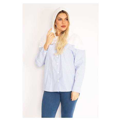 Şans Women's Plus Size Blue Front Buttoned Hooded Sports Shirt Tunic