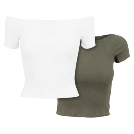 Ladies Off Shoulder Rib Tee 2-Pack - white+olive Urban Classics