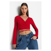 Trendyol Red Ribbed Fitted Long Sleeve Double Breasted Crop Cotton Stretch Knitted Blouse