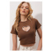 Trend Alaçatı Stili Women's Brown Crew Neck Heart Embroidery Half Sleeve Knitted Crop Top