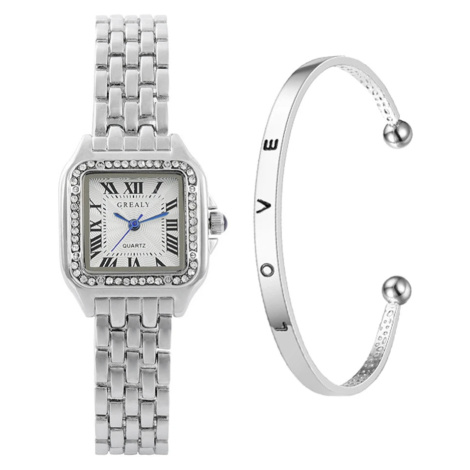 Dámské elegantní hodinky – čtvercové pouzdro, kovový pásek