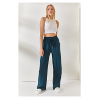 Olalook Women's Petrol Blue Belted Woven Viscon Palazzo Trousers