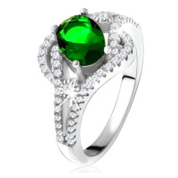 Prsten - stříbro 925, zaoblené linie, čiré kamínky, oválný zelený zirkon