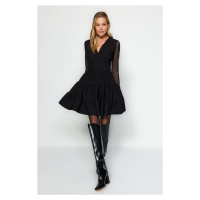 Trendyol černé dvouřadé límce tkané šaty s volánkovou sukní