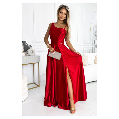 Dlouhé elegantní saténové šaty na jedno rameno - červené - NUMOCO