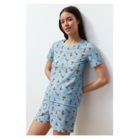 Trendyol Blue Cotton Animal Pattern Knitted Pajamas Set