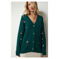 Happiness İstanbul Women's Emerald Green Floral Embroidered Button Knitwear Cardigan