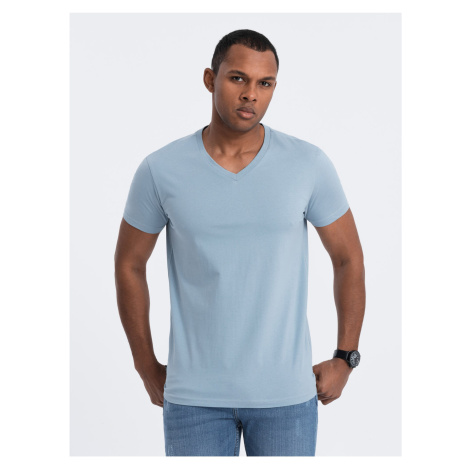 Světle modré pánské basic tričko s véčkovým výstřihem Ombre Clothing