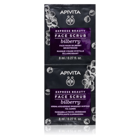 Apivita Express Beauty Bilberry intenzivní čisticí peeling pro rozjasnění pleti 2 x 8 ml