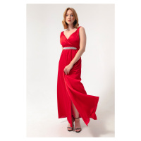 Lafaba Women's Red Double Breasted Collar With Stones and Belt Long Evening Dress.