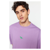 Trendyol Plum Oversize/Wide Cut Dinosaur Embroidered Short Sleeve 100% Cotton T-Shirt