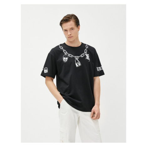 Koton Oversize tričko s krátkým rukávem Tričkový výstřih s potiskem bavlny