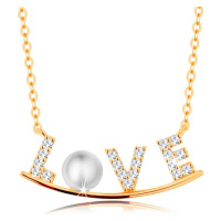 Zlatý náhrdelník 585 - zirkonový nápis LOVE na lesklém oblouku, bílá perla