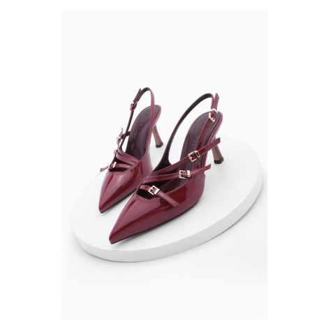 Marjin Women's Pointed Toe Tri Band Belt Detail Open Back Classic Heel Shoes Bevil Burgundy Pate