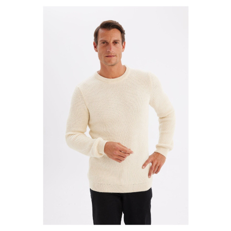 DEFACTO Ecru Standard Fit Regular Cut Crew Neck Textured Knitwear Sweater