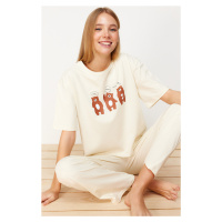 Trendyol Beige 100% Cotton Teddy Bear Printed T-shirt-Pants Knitted Pajama Set