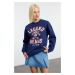 Trendyol Navy Blue Printed Oversize/Wide Fit Thick Inside Fleece Knitted Sweatshirt