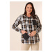 By Saygı Metal Button Leather Detailed Double Pockets Sleeve Fold Plaid Plus Size Shirt
