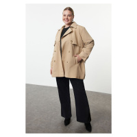 Trendyol Curve Beige Regular Fit Belted Technical Fabric Trench Coat