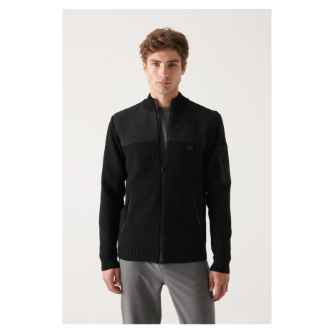 Avva Men's Black Wool Blended Parachute Fabric Detailed Zippered Standard Fit Regular Cut Cardig