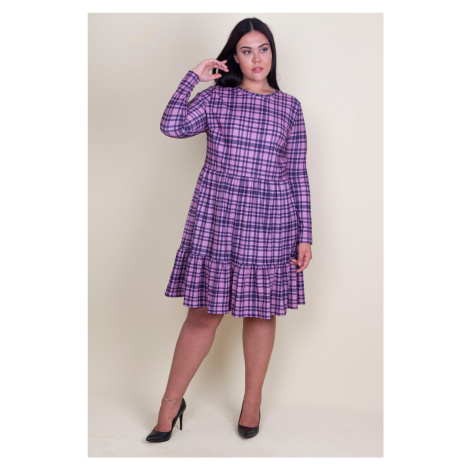 Şans Women's Plus Size Lilac Check Pattern Dress with Elastic Waist and Ruffles at the Hem