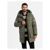 Ombre Men's insulated long jacket with reflective elements - olive