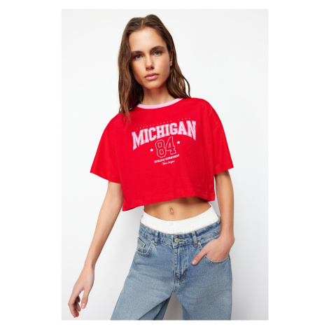 Trendyol Red 100% Cotton Slogan Printed Relaxed Crop Crew Neck Knitted T-Shirt
