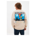 Trendyol Men's Beige Printed Oversize/Wide-Cut Sweatshirt with a Printed Fleece Interior