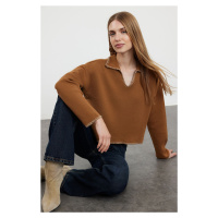 Trendyol Camel Polo Collar Cotton Wide Pattern Knitwear Sweater