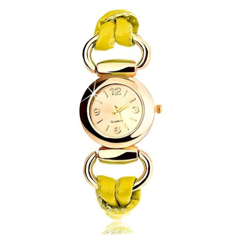 Náramkové hodinky, řemínek ze žlutého latexu, kulatý ciferník zlaté barvy Šperky eshop