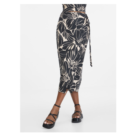 Béžovo-černá dámská zavinovací midi sukně s příměsí lnu ORSAY