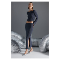 Trendyol Anthracite Shiny Flexible Fabric High Waist Pencil Maxi Knitted Skirt