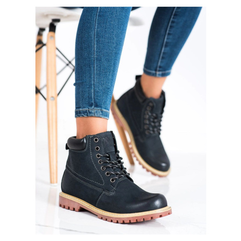 Výborné kotníkové boty modré dámské tmavě modré na plochém podpatku